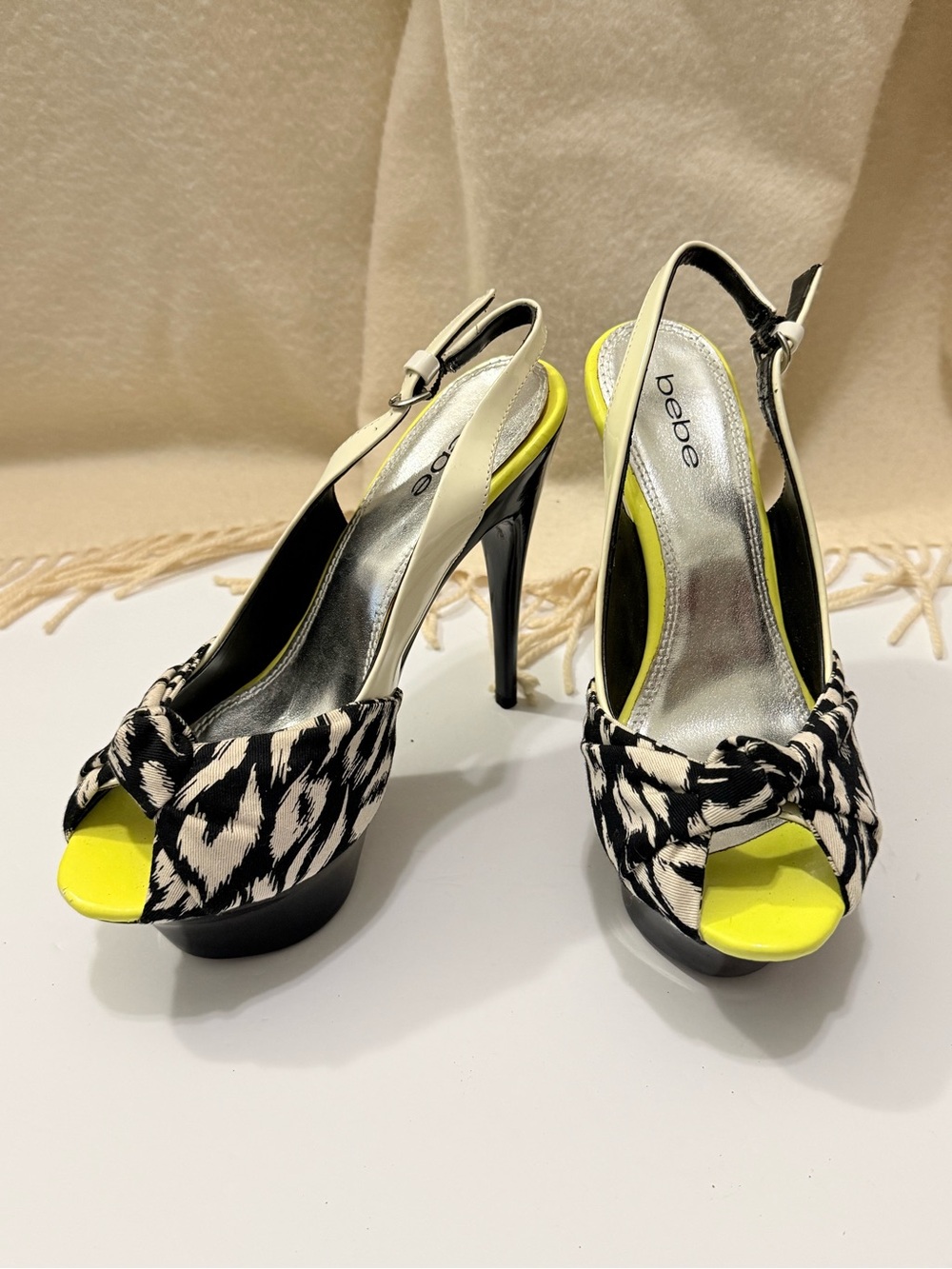 bebe Black & Neon Yellow Animal-Print Slingback Peep-Toe Heels